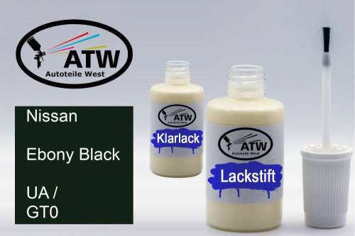 Nissan, Ebony Black, UA / GT0: 20ml Lackstift + 20ml Klarlack - Set, von ATW Autoteile West.